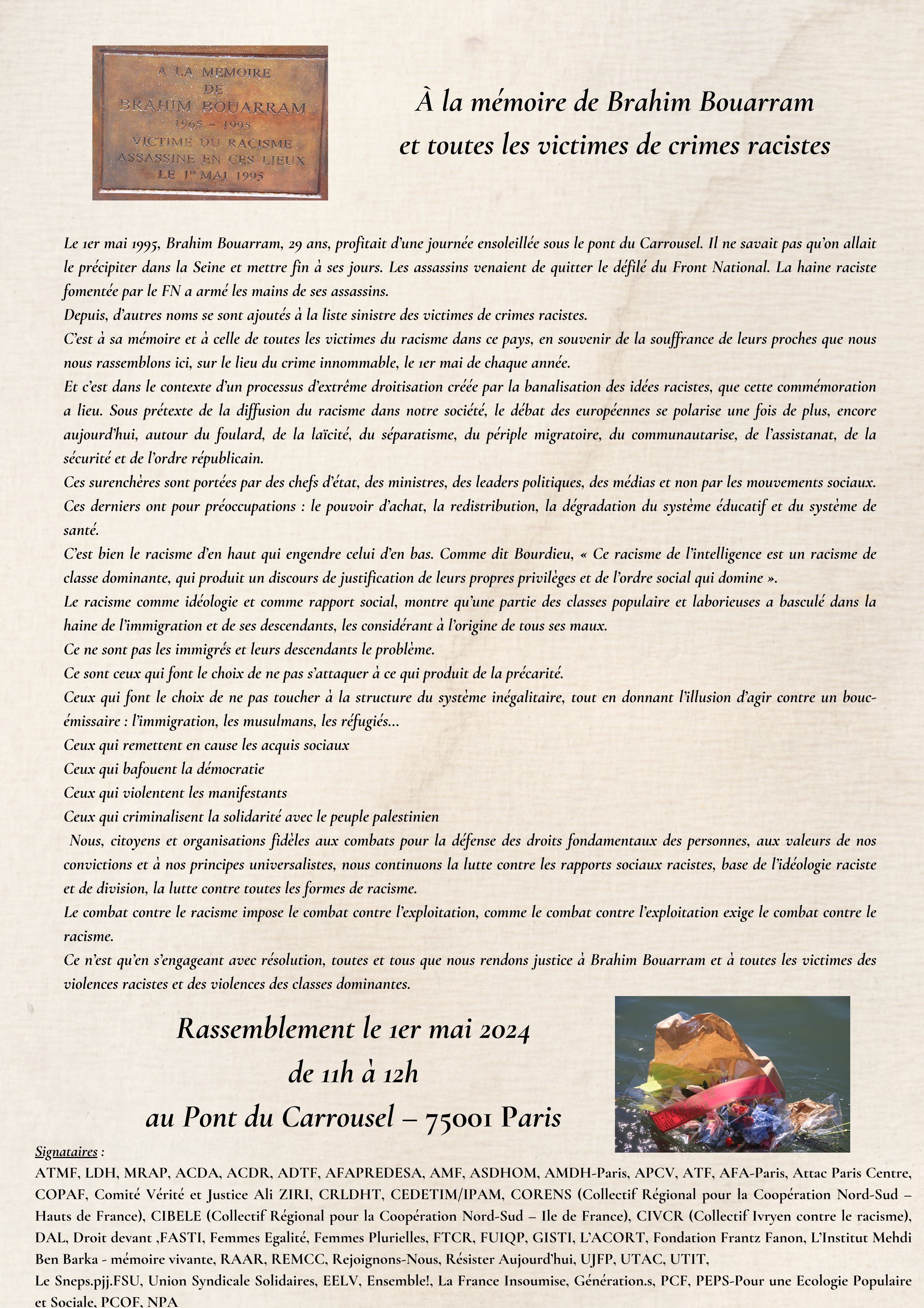 Un 1er mai 1995 A la memoire de Brahim Bouarram et toutes les victimes de crimes racistes 2024 1
